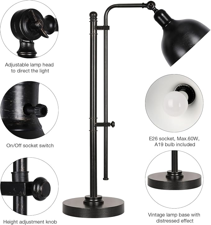 PARTPHONER Industrial Adjustable Desk Lamp for Home Office, Farmhouse Table lamp 29''-38'', Rustic Metal Task Desk Lamp in Aged Bronze Finish, Vintage Reading Lamp for Study Room，Black