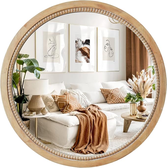 sawsile Round Wood Mirror,18 inch Circle Rustic Farmhouse Natural Wooden Frame Boho Beads Wall Mirror for Bathroom,Living Room,Bedroom or Entryway