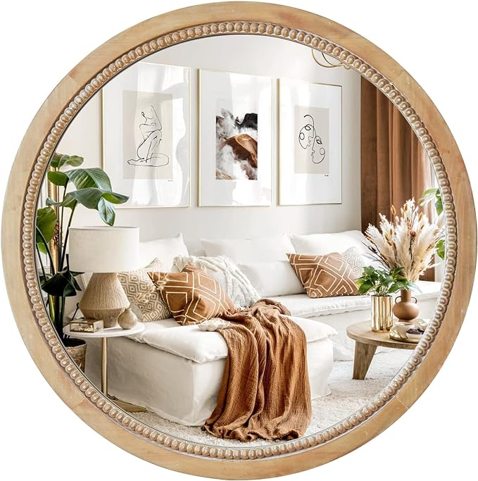 sawsile Round Wood Mirror,32 inch Circle Rustic Farmhouse Natural Wooden Frame Boho Beads Wall Mirror for Bathroom,Living Room,Bedroom or Entryway