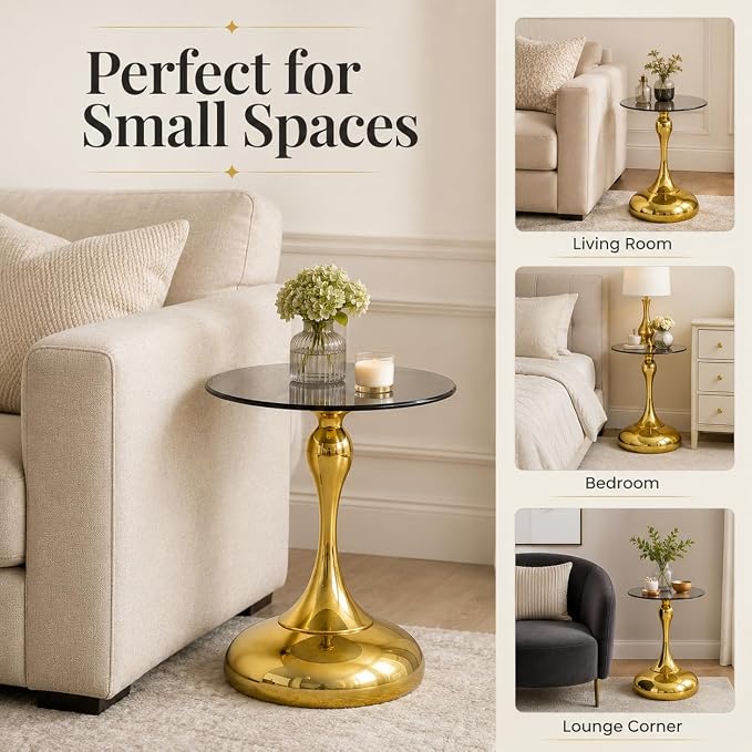 17.7 Inch Black Round Side Table for 2-4 Person, Gold Metal Pedestal Base, Small Coffee Table, End Table, Cocktail Table, Living Room, Bedroom, Office, Bistro, Modern Small Space