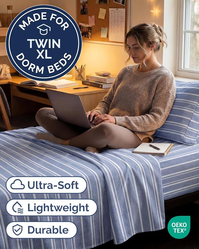 Twin XL Size 3 Piece Sheet Set - Comfy Breathable & Cooling Sheets - Hotel Luxury Bed Sheets for Women & Men - Deep Pockets, Easy-Fit, Soft & Wrinkle Free Sheets - Blue Stripes Oeko-Tex Bed Sheet Set