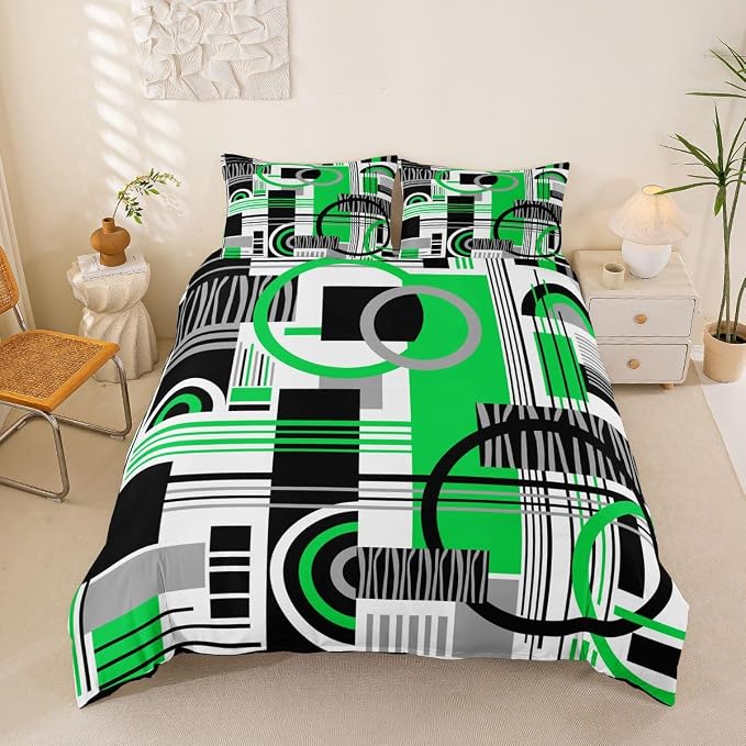 Erosebridal Art Deco Mid Century Duvet Cover Set Retro Modern Abstract Geometric Full Size Bedding Sets for Youth Boys Black and White Green Circles Stripes Comforter Cover Contemporary Bed Set