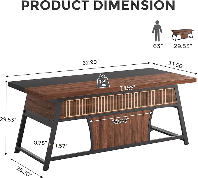 63-inch Executive Desk with Storage Shelf, Large Home Office Desk with Metal Frame & LED Light, Long Computer Desks for Home Office, Walnut and Black