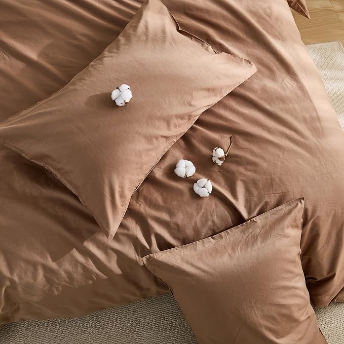100% Washed Cotton Duvet Cover King Size – Brown, Linen-Like Texture, Super Soft & Breathable Bedding Set, 3-Piece Durable Percale Comforter Cover