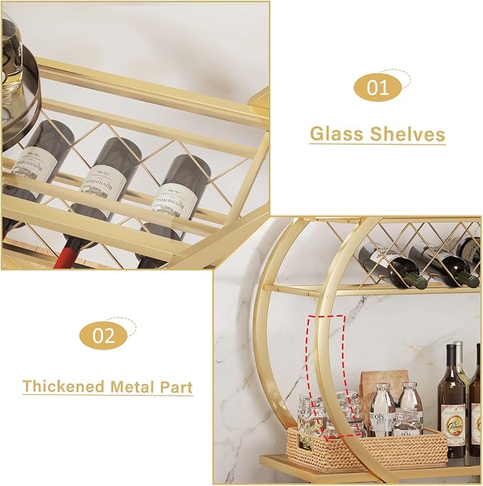 LVB Gold Bar Cart with Glass, Bar Cart with Wheels, Wine Cart with 2 Tier Storage Glass Shelves Home Bar Serving Cart with Wine Rack, Liquor Cart for Kitchen, Bar, Dinning Room