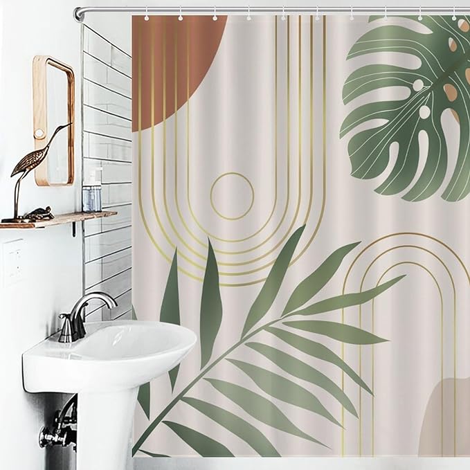 Boho Mid Century Shower Curtain,Modern Abstract Plant Botanical Palm Leaf Minimalist Bathroom Curtain Polyester Waterproof Fabric Decor 66x72in（168x183cm）