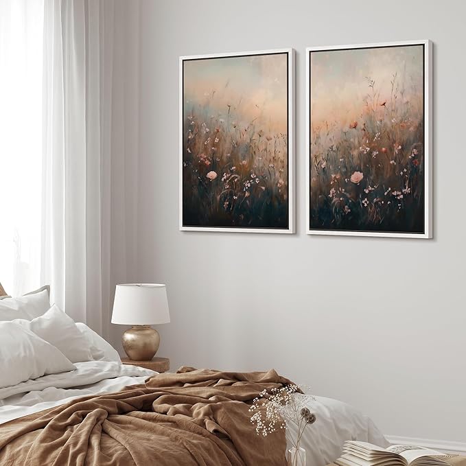 MUDECOR Framed Canvas Print Wall Art Forest and Lake Landscape Vintage Nature Scenery Illustrations Modern Art Decorative Bohemian Chic for Living Room, Bedroom, Office - 16"x24"x2 White