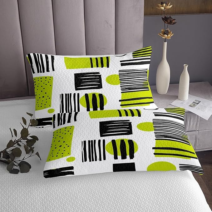 Erosebridal Geometric Stripe Circle Square King Quilt Set Modern Mid Century Coverlet Set, Hippie Minimalist Bedding Set Fifties Retro Old Fashion Bedspread Set, Black Green White Bed Quilt