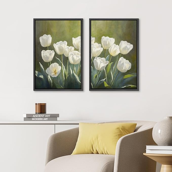IDEA4WALL Framed Canvas Print Wall Art Set White Tulip Floral Botanical Bloom Illustrations Modern Art Decorative Bohemian Calm/Zen for Living Room, Bedroom, Office - 16"x24"x2 Black