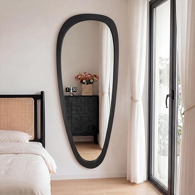 22‘’x60'' Asymmetrical Rustic Wall Mirror for Bathroom Black Wood Frame, Irregular Classic Mirror Farmhouse Vanity Mirror,Mid Century Modern Mirror Decor Living Room, Bedroom, Entryway