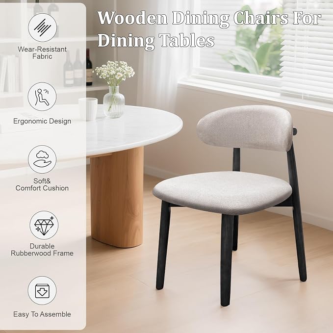 Farmhouse Dining Chairs Set of 8,Mid Century Modern Fabric Upholstered Kitchen Chairs,Wooden Dining Room Chair with Curved Back Black Leg for Kitchen Dining Room Restaurant Cafe,Linen Gray,Only Chairs
