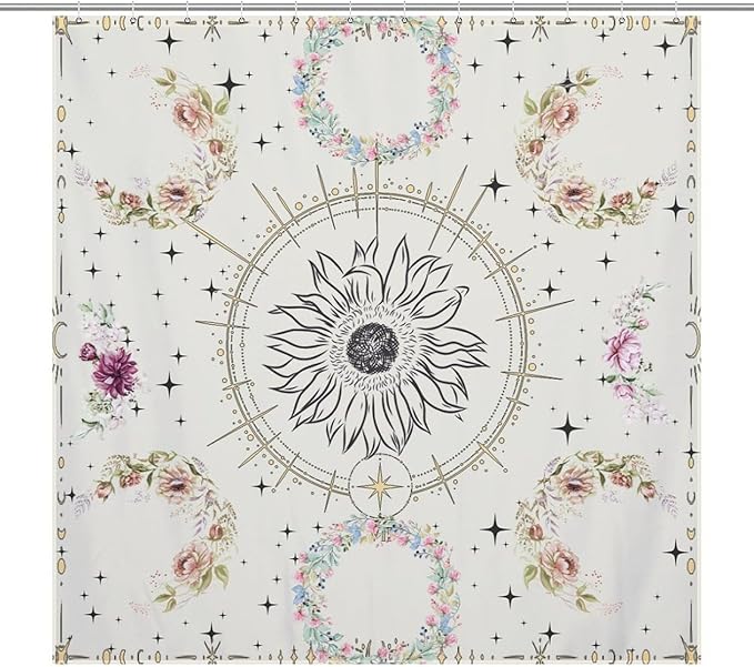 Moon Phase Flowers Shower Curtain Celestial Wildflower Plant Floral Boho Stars Vintage Flowers Art Waterproof Shower Curtains for Bathroom Decor 12 Pack Hooks 72x72in (183x183cm)