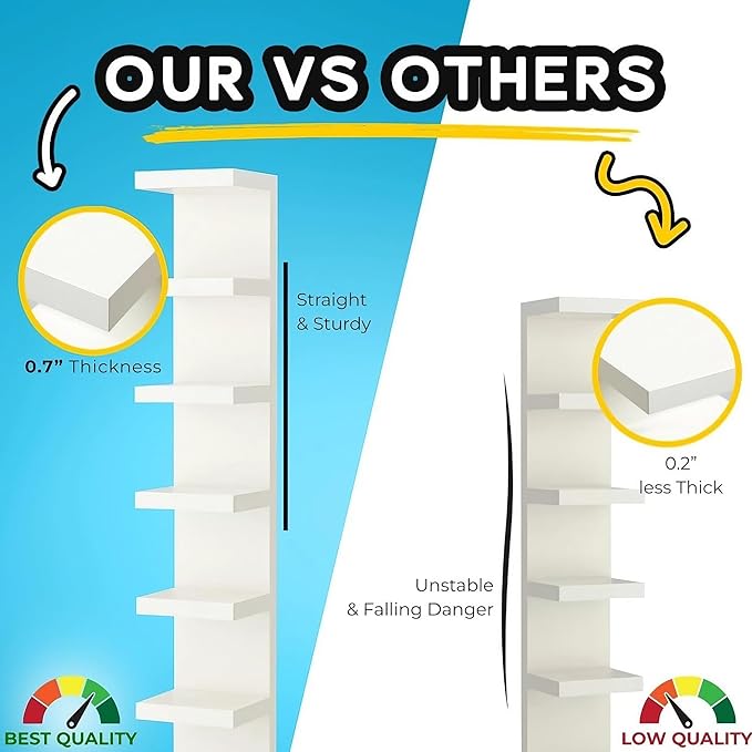 Home Stuff Wall Shelf Unit, 11 3/4x74 3/4,Use Fixing Devices Suitable for The Walls in Your Home, 7 Tier Vertical Lack Wall Shelves, Column Shelf Organizer & Storage for Bedroom(2 x White with LED)