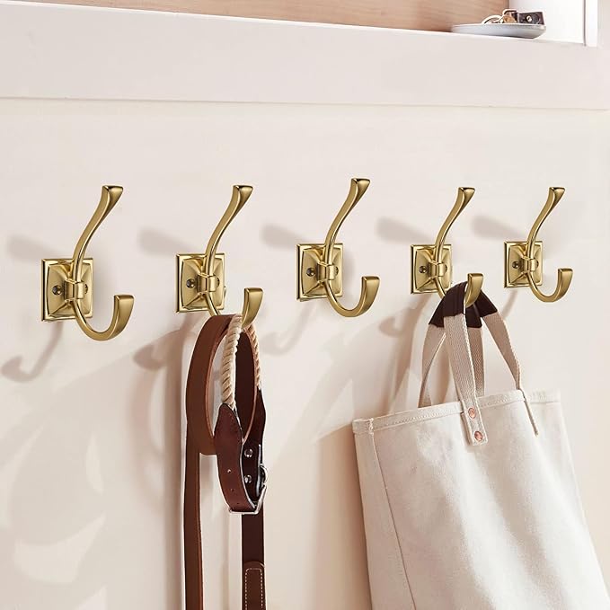 Large Wall Hooks 5 Pack Champagne Brozne Coat Hooks Hardware Towel Hooks for Hanging Coats 4.35 Inch Double Robe Hooks Wall Mounted with Screws for Key, Towel, Bags, Cup, Hat