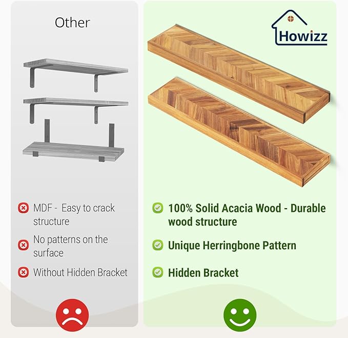 Howizz 48" Rustic Farmhouse Floating Shelves – Set of 2 Acacia Wood Shelves for Stylish Wall Decor in Kitchen, Bathroom, and Office, Unique Chevron Pattern, 48x8x1.5 Inches - Set of 2 - DIY