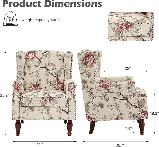 High Back Accent Chair, Fabric Wingback Chair Upholstered Armchair for Living Room - Beige Floral