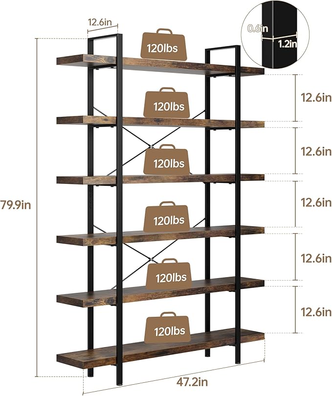 Heavy Duty 6-Tier Industrial Bookcase, 47" Wide Wood Bookshelf for Home Office, 120lbs Shelf Capacity, Rustic Open Shelving Display with Reinforced Horizontal Shelf for Living Room Bedroom