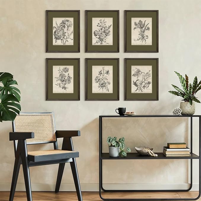 Vintage Floral Wall Art Sketch Flower Prints Antique Botanical Canvas Wall Art Decor Vintage Etchings Floral Poster Green Botanical Painting Sage Green Artwork for Bedroom 8x10x6 Inch Wood Framed