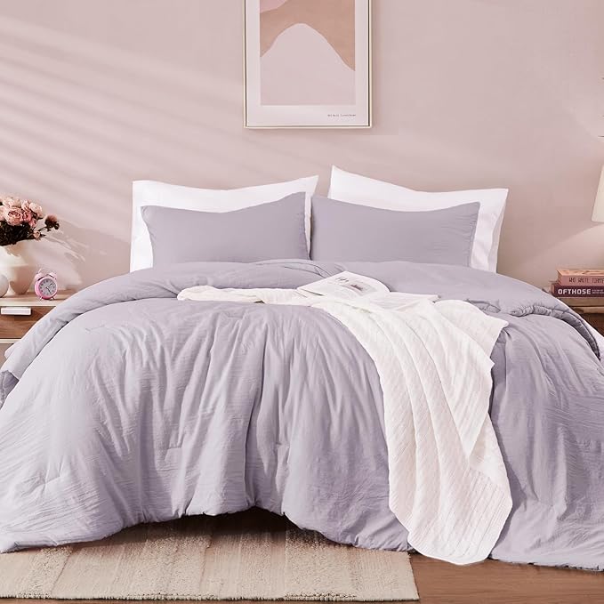 WRENSONGE Queen Comforter Set - 3 Pieces Prewashed Lilac Comforter Soft Lightweight for All Seasons,Down Alternative Comforters Queen Size with 2 Pillow Shams