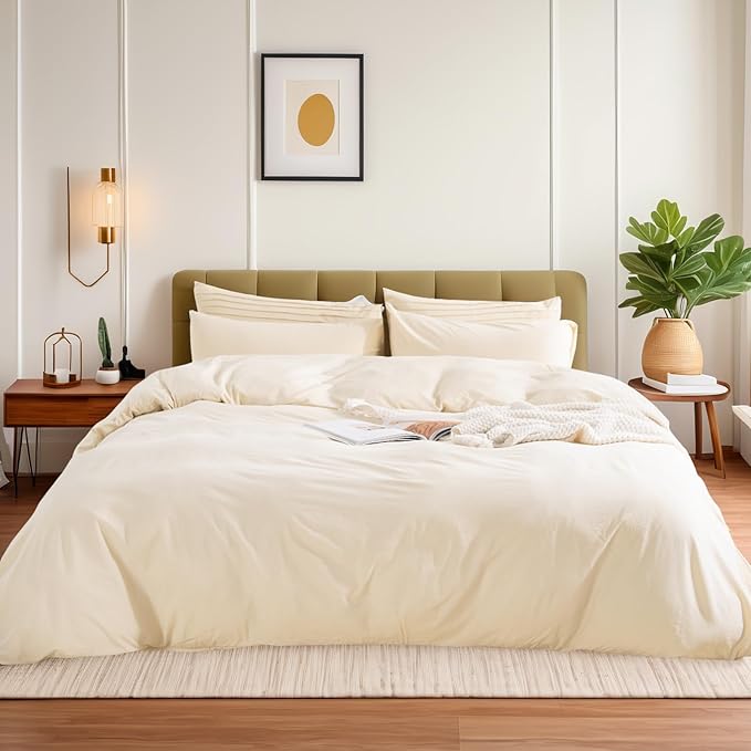 NEXHOME PRO Duvet Cover Set King Size Linen Look Textured Organic Natural 100% Washed Cotton Duvet Cover 3 Pieces Bedding Set with Zipper (No Comforter)