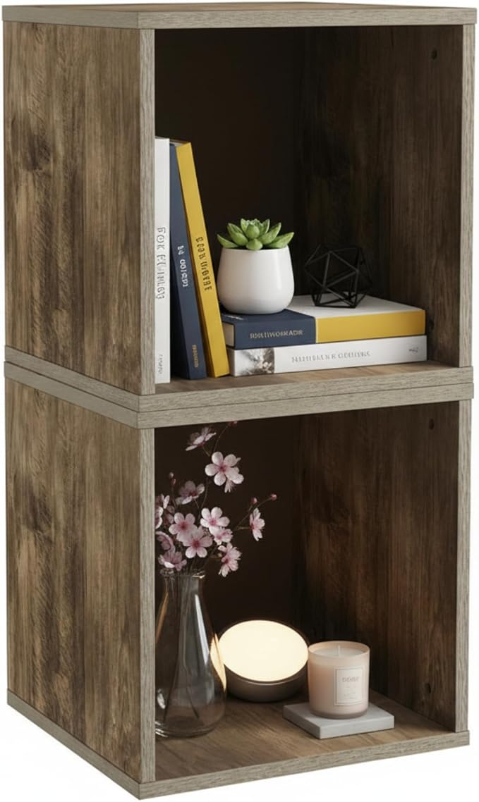 Lavish Home Cube Storage Organizer – Set of 2 Modular Stackable Bookshelf, Customizable Cube Shelf Bookcase, Nightstand or End Table for Living Room, Bedroom, Dorm (Gray Woodgrain)