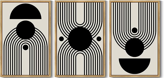 KUVIOKE Black Abstract Framed Wall Art Minimalist Geometry Lines Painting Artwork for Living Room Bedroom 24x36in (Natural Framed)