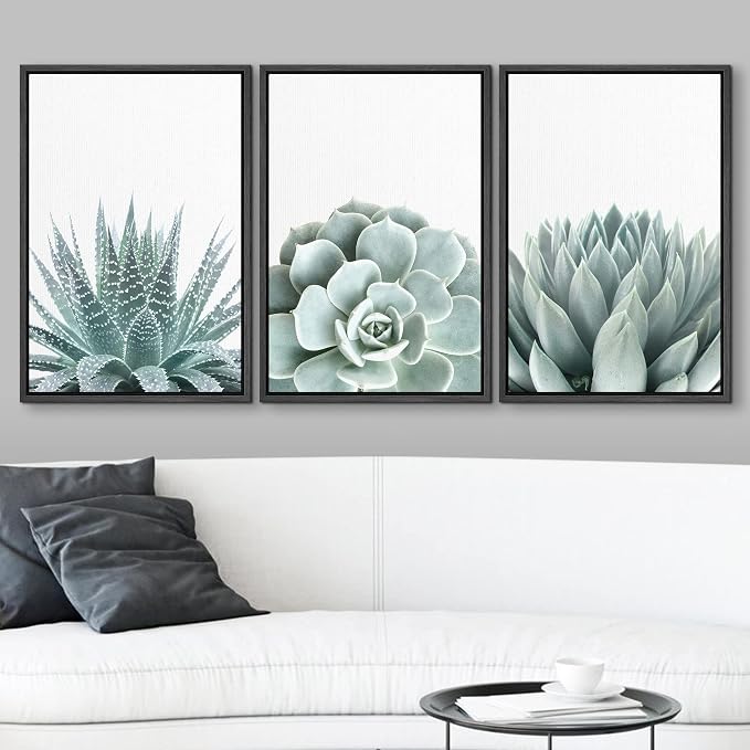 wall26 Framed Wall Art Print Set Green Succulent and Cactus Variety Wilderness Nature Illustrations Modern Art Rustic Closeup Colorful for Living Room, Bedroom, Office Natural - 16"x24"x3 Black