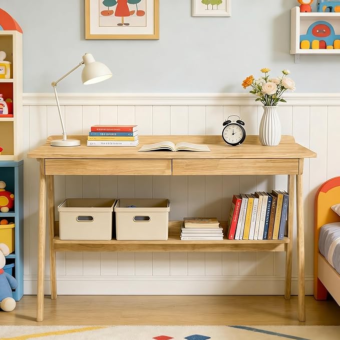 47" Small Solid Wood Desk with Drawers & Storage Shelf,, Walnut Wooden Standing Desk, Home Office Desk for Small Spaces, Mid Century Modern Desk for Study, Bedroom, Living Room, Office (Wood2, 47“)