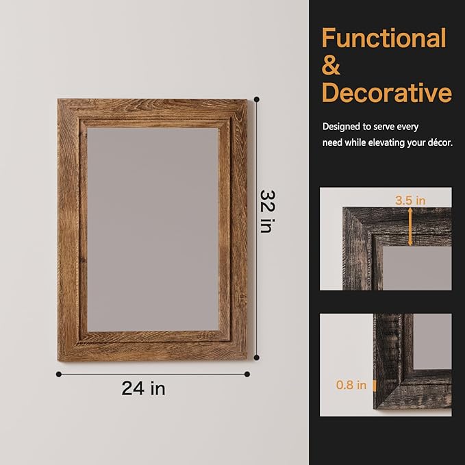 Rustic Wall-Mounted Vanity Mirror, Solid Wood Frame Bathroom Mirror, Farmhouse Style for Living Room, Bedroom, Entryway, Horizontal/Vertical Hanging
