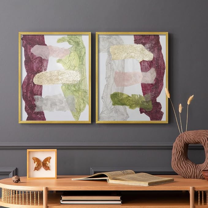 Renditions Gallery Set of 2 Peel & Stick Framed Prints, Abstract Wall Art, Mix Color Dyed Textures Wall Decor, Re-Stickable - Ready to Hang - 11"x14" - GOLD Frame LT588