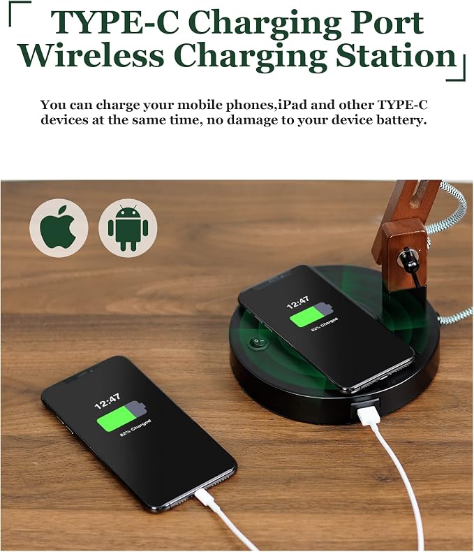 ELYONA Modern Sapele Wood Desk Lamp with Upgraded Wireless Charger & USB C Charging Port Swing Arm Table Lamp Bedside Reading Task Light for Dorm Office Bedroom Living Room LED Bulb Included Black
