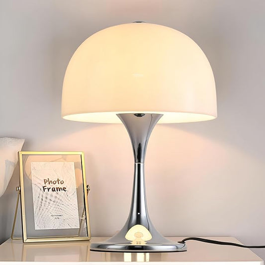 Modern Sleek Table Lamp for Bedroom, 3-Light LED End Desk Lamp for Living Room, Office, Milky White Acrylic Shade Metal Mushroom Table Lamp for Bedside Night Light Desk, Chrome Base