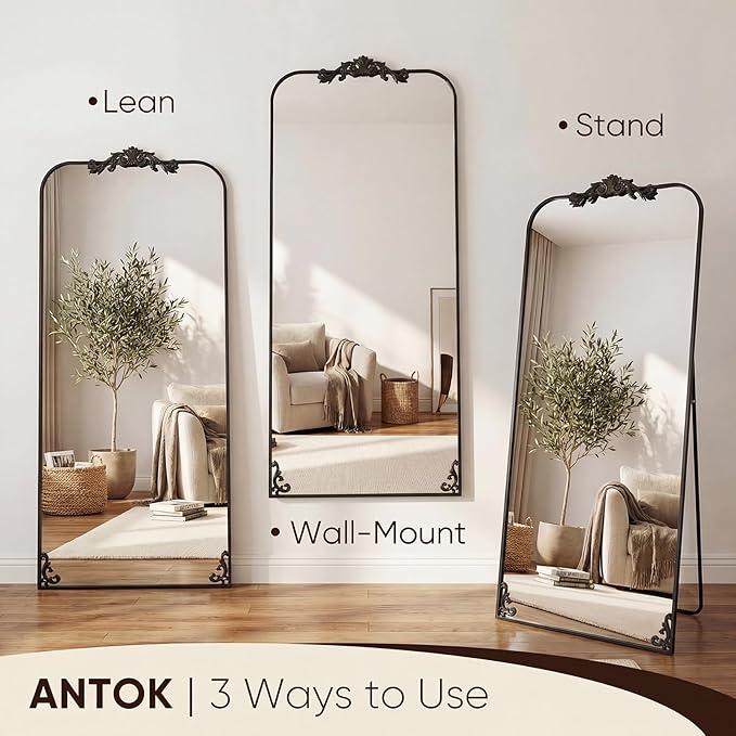 Antok Arched Full Length Mirror, 32"x71" Floor Mirror with Carved, Full Body Mirrors for HomeDecor, Large Wall Mirror with Corner Flower for Bedroom, Living Room, Bronze, Luxury Style