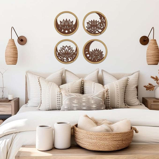 TOARTi 4PCS Buddha Brown Lotus Wooden Wall Art Vintage Mandala Lotus Wall Decor for Living Room Office Bathroom Artwork Indian Mandala Flower Hanging Plaque Abstract Mandala Wood Sign for Yoga Room