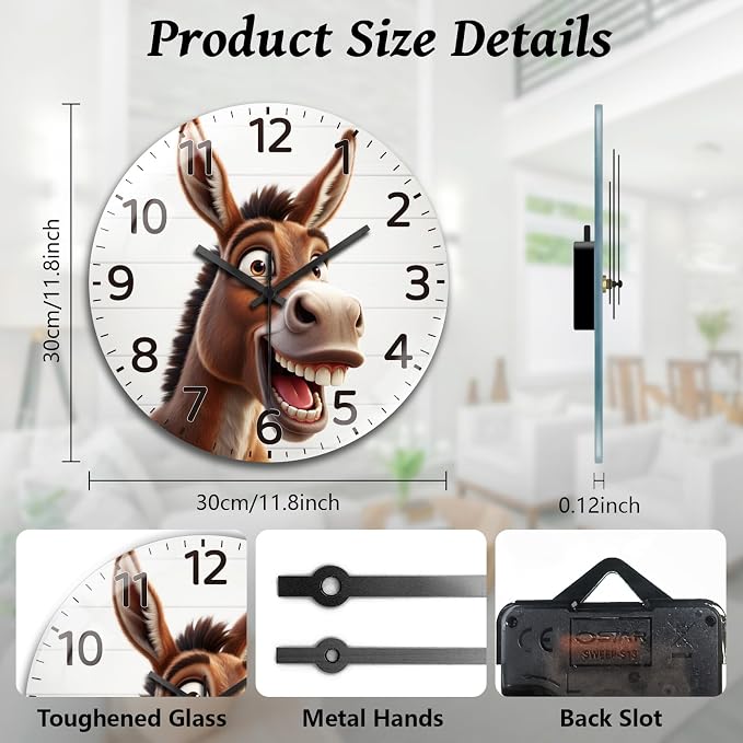 peacoblue Wall Clocks Battery Operated 12 Inch Funny Donkey Glass Round Wall Clock Non Ticking for Kitchen Living Room Dining Room Bedroom and Bathroom Decor Accessories (Battery not Included)