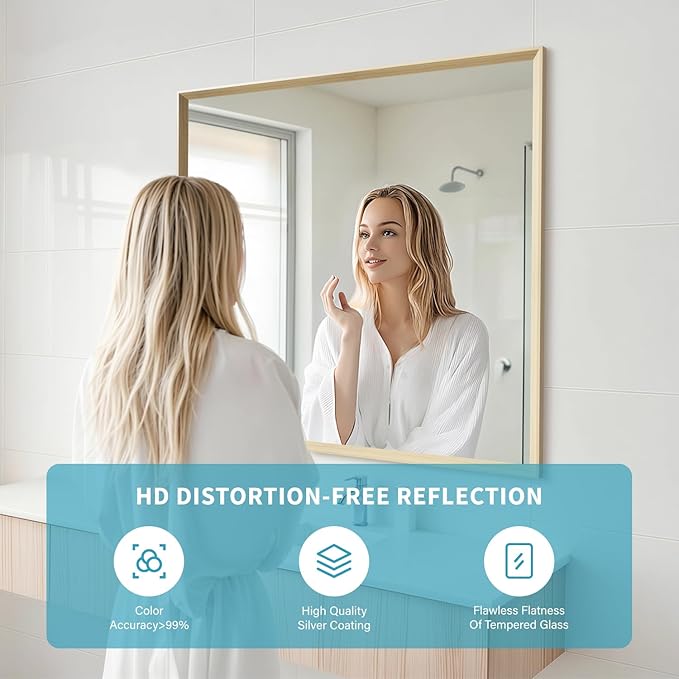 Oak Wood Effect Framed Wall Mirror, 36x36 Rectangle Mirror, Anti-desilvering Tempered Glass, Sustainable& Sturdy Frame, Anti-Rust, HD Reflection &3min Fast Setup for Bathroom Living Room