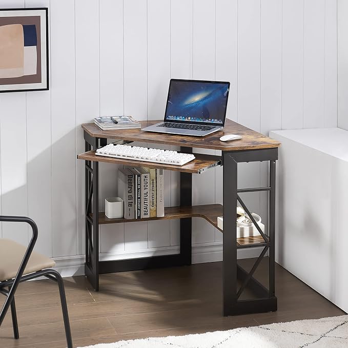 VECELO Corner Computer Desk 41 x 30 inches with Smooth Keyboard & Storage Shelves for Home Office Workstation, Antique Brown