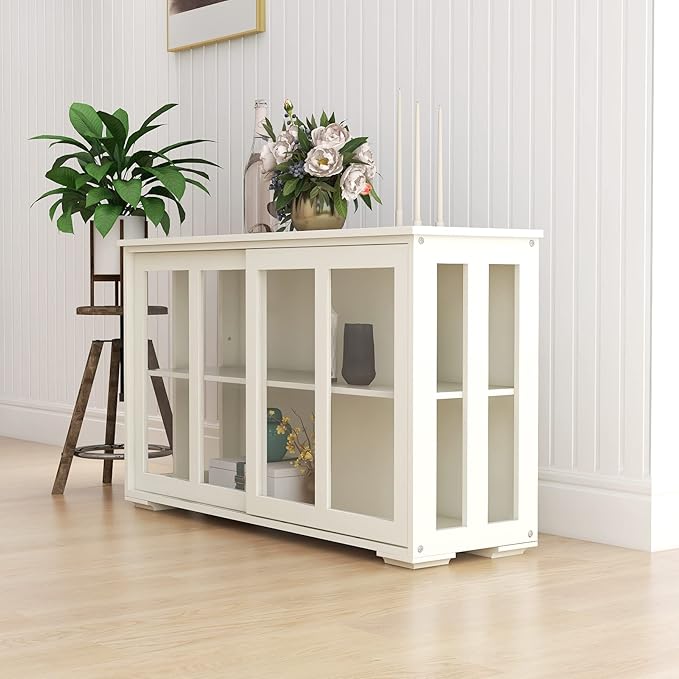 RASOO Kitchen Storage Cabinet Antique Stackable Buffet Storage Sideboard Adjustable Shelf Inside Credenza Cupboard with Transparent Glass Sliding Door (White)