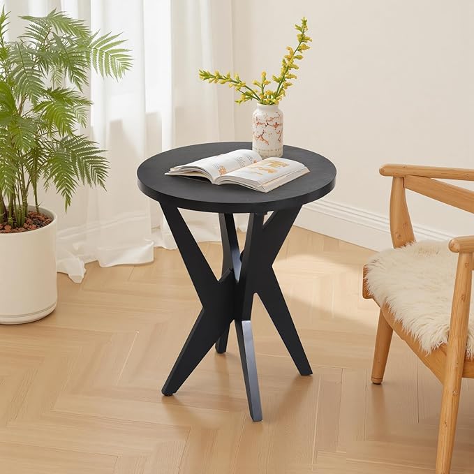 Modern Black Round End Table Set of 2, Mid-Century Accent Side Table with MDF Top and Crossed Legs for Living Room, Bedroom, Small Spaces, Industrial & Minimalist Style