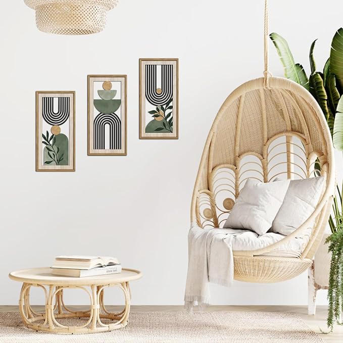HPNIUB 3 PCS Boho Sage Green Wall Decor, Minimalist Mid Century Geometric Line Hanging Wood Sign for Living Room, 8x16Inch Modern Botanical Leaf Wooden Plaque for Apartment Bedroom Office Decoration