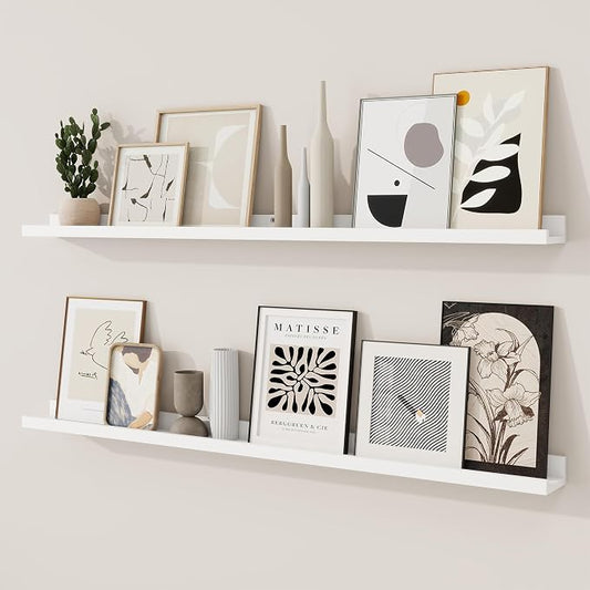RICHFOCUS Picture Ledge Shelf, 48 inch Floating Shelves Set of 2, Wood Wall Shelves with Lip, Wall Decor Storage for Bedroom Living Room Bathroom Kitchen Nursery Photo Picture, White