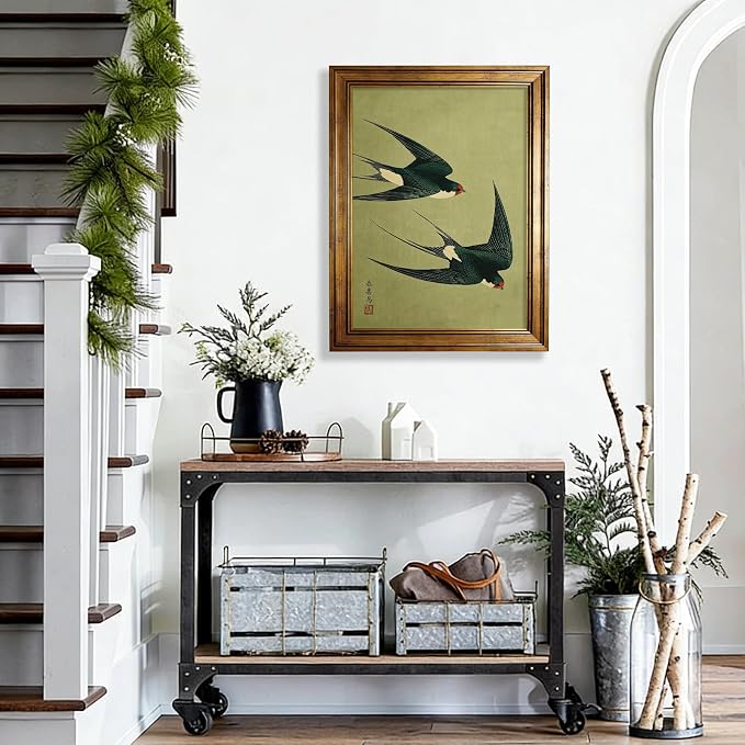 Gold Framed Japanese Flying Swallow Wall Art Asian Japandi Bird Animal Poster Nature Vintage Green Canvas Prints for Living Room Bedroom Home Decor 16x20 inch