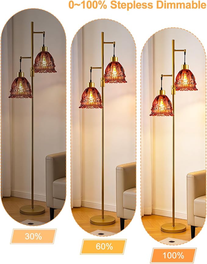2-Light Modern Glass Floor Lamp, Gold Tall Standing Lamp with Deep Red Lace Glass Shade for Reading, Dimmable LED Floor Lamp with 5Lbs Heavy Base for Living Room Bedroom Home Decor, Bulb Included
