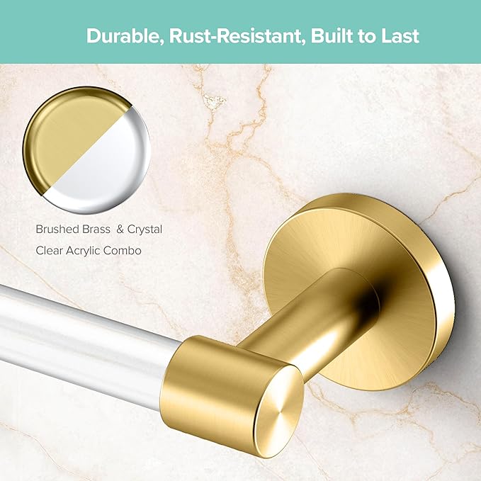 Gatco 5730 Clarion 24" Bathroom Towel Bar, Brushed Brass, Wall-Mounted Towel Rack, Crystal-Clear Acrylic Modern Bathroom Accessory