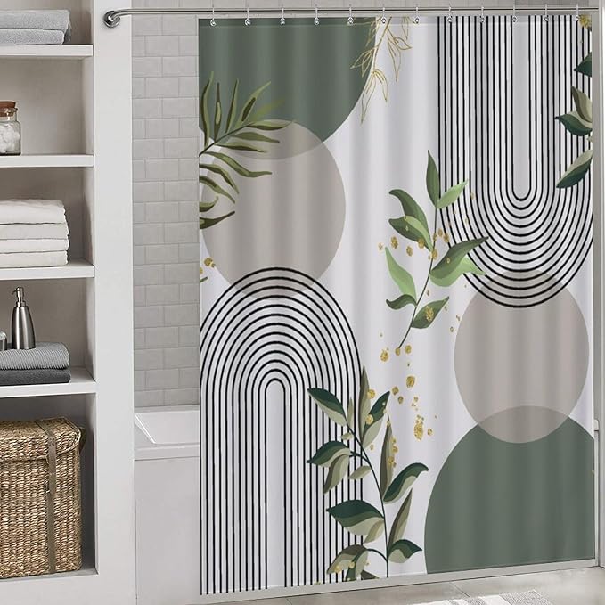Mid Century Modern Shower Curtain, Boho Aesthetic Green Tropical Palm Leaves Abstract Minimalist Geometic Arch Waterproof Fabric Bathroom Shower Curtain Set with Hooks, 72"x84" Inch