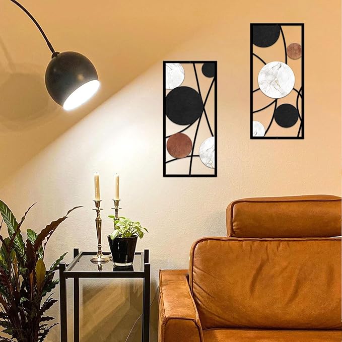 ruelen 2 Pieces Metal Wall Art，Abstract Geometric Circle Decor with Marble Texture, Modern Minimalist Black White Brown Wall Sculpture for Living Room，Bedroom，Office