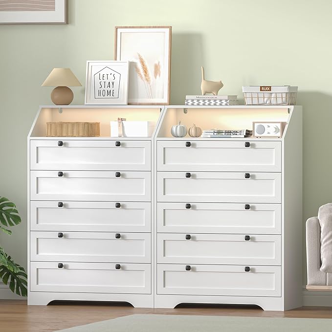 White Dresser Tall 5 Drawer Dresser for Bedroom, Wood Chest of Drawers with LED Lights, Charging Station, Metal Handles, Modern Storage Cabinet and Organizer Drawers for Living Room, Hallway