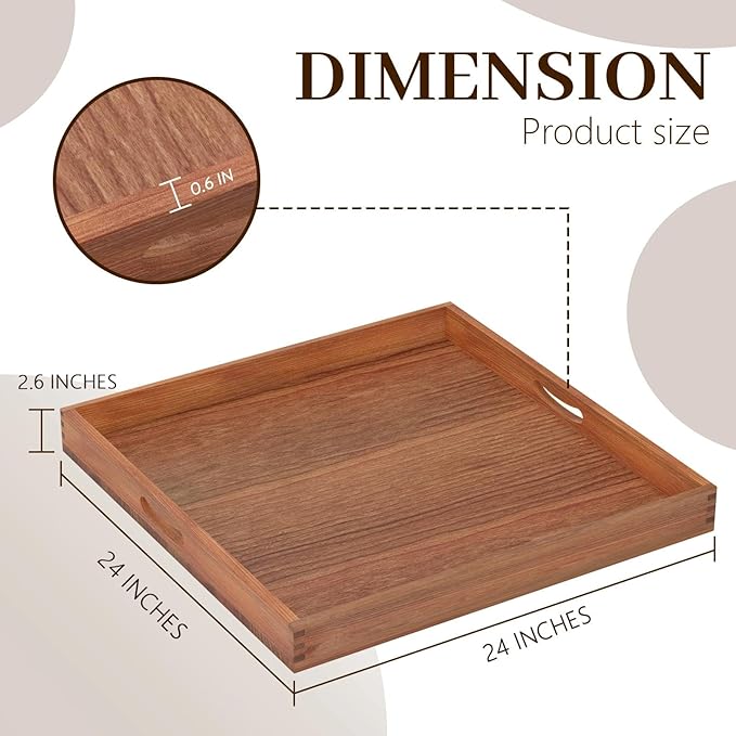 MAONAME Large Cherry Wood Serving Tray with Handles, 24 inches Square Ottoman Tray, Wooden Serving Board for Party Breakfast Dinner, Classic Charcuterie Board for Meat, Cheese & Appetizers