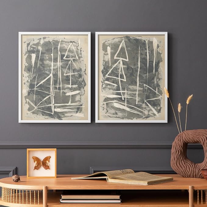Renditions Gallery Set of 2 Peel & Stick Framed Prints, Trendy Abstract Wall Art, Textured Linework Striking Wall Decor, Re-Stickable - Ready to Hang - 11"x14" - White Frame LT588