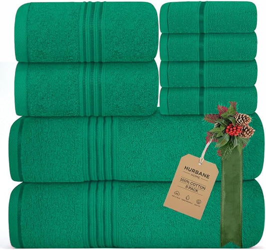 8 Piece Bath Towels for Bathroom - 100% Cotton, Soft Absorbent Bathroom Towels Set - 2 Extra Large Bath Towels, 2 Hand Towels & 4 Washcloths - Hotel Spa Thick Plush Towel, Kelly Green